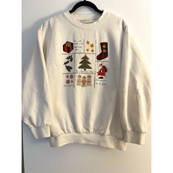 Vintage 90s ID Distinctions cream Christmas sweatshirt sz L embroidered Retro - Picture 1 of 8